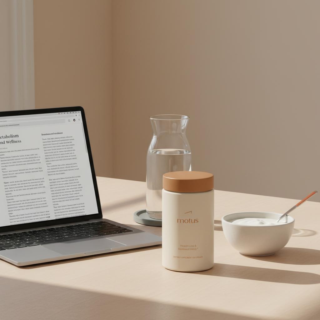 Minimalist kitchen table scene with a Tonum supplement jar beside a laptop showing a research article, a glass carafe and a bowl of yogurt, illustrating probiotic side effects context.