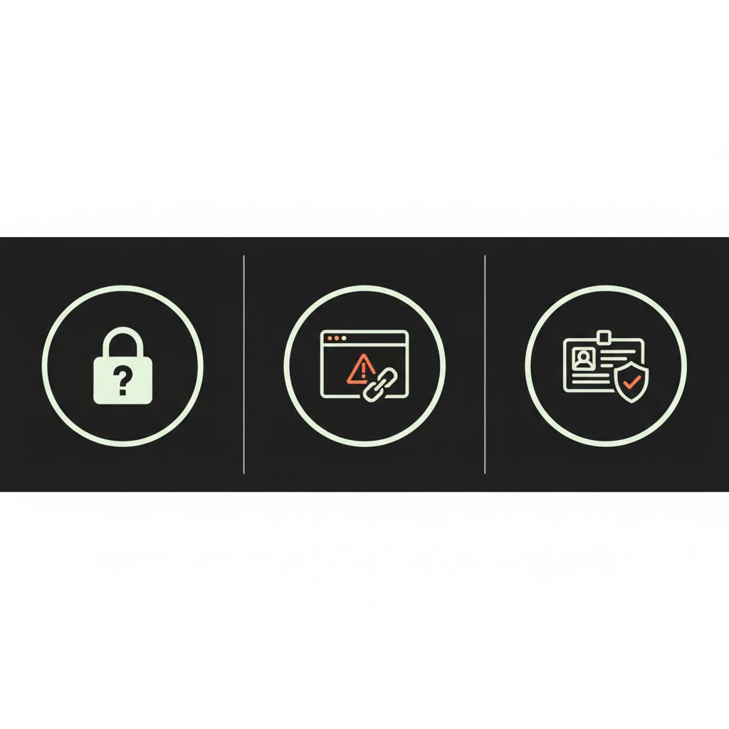 Minimal 2D vector infographic strip with three icons showing steps to recover facebook password: forgot lock, compromised site warning, and ID verification in Social Success Hub brand colors.