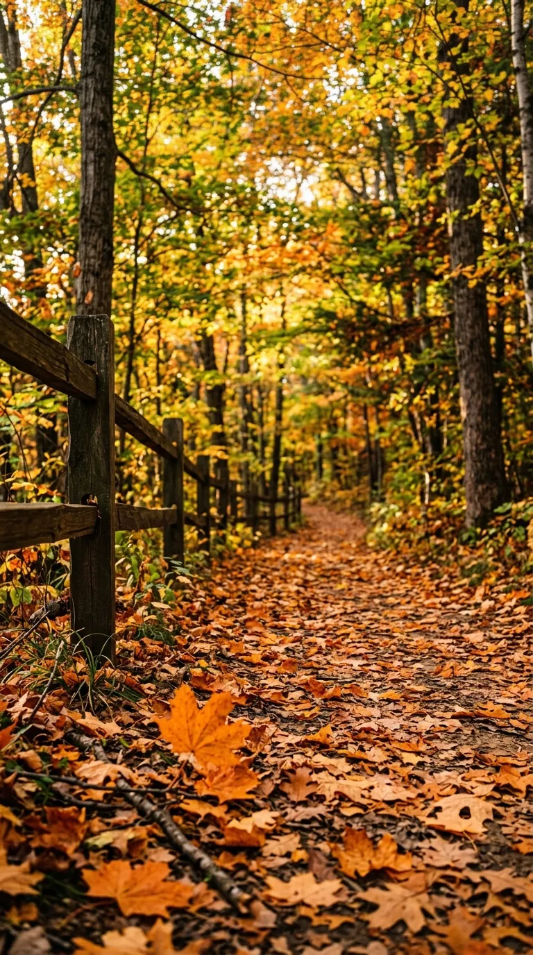 Forest Pathway Covered in Orange Autumn Leaves Under Warm Sunlight - Free 4K mobile Wallpaper