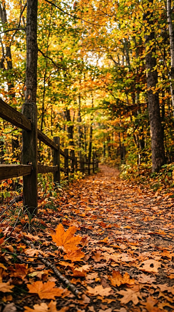 Forest Pathway Covered in Orange Autumn Leaves Under Warm Sunlight - Free mobile Wallpaper