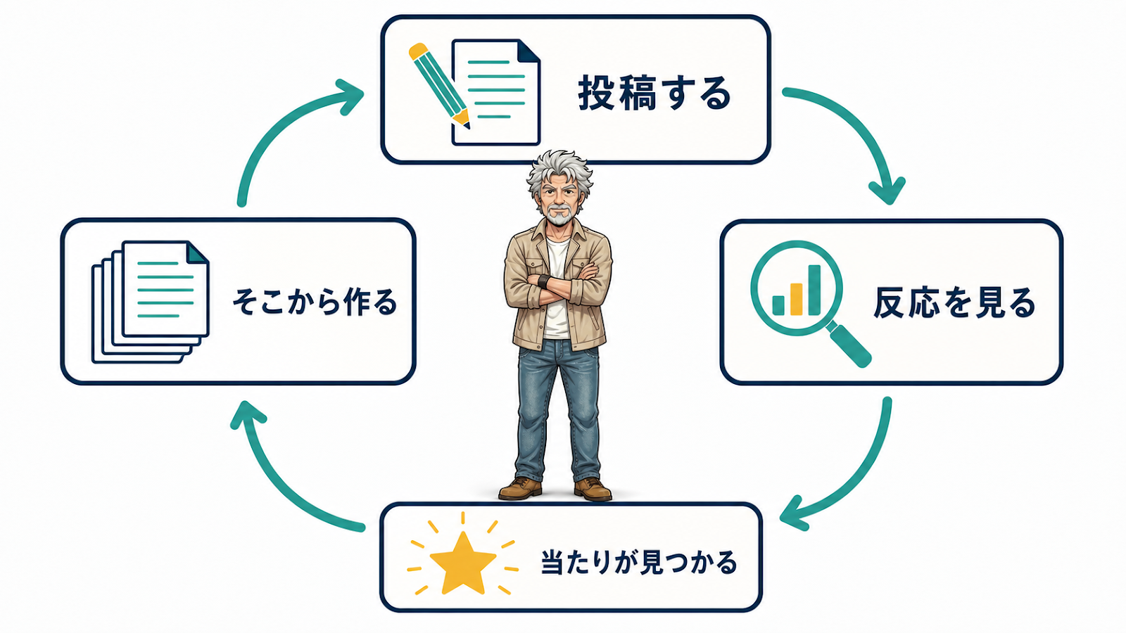 投稿する・反応を見る・当たりが見つかる・そこから作るの循環図