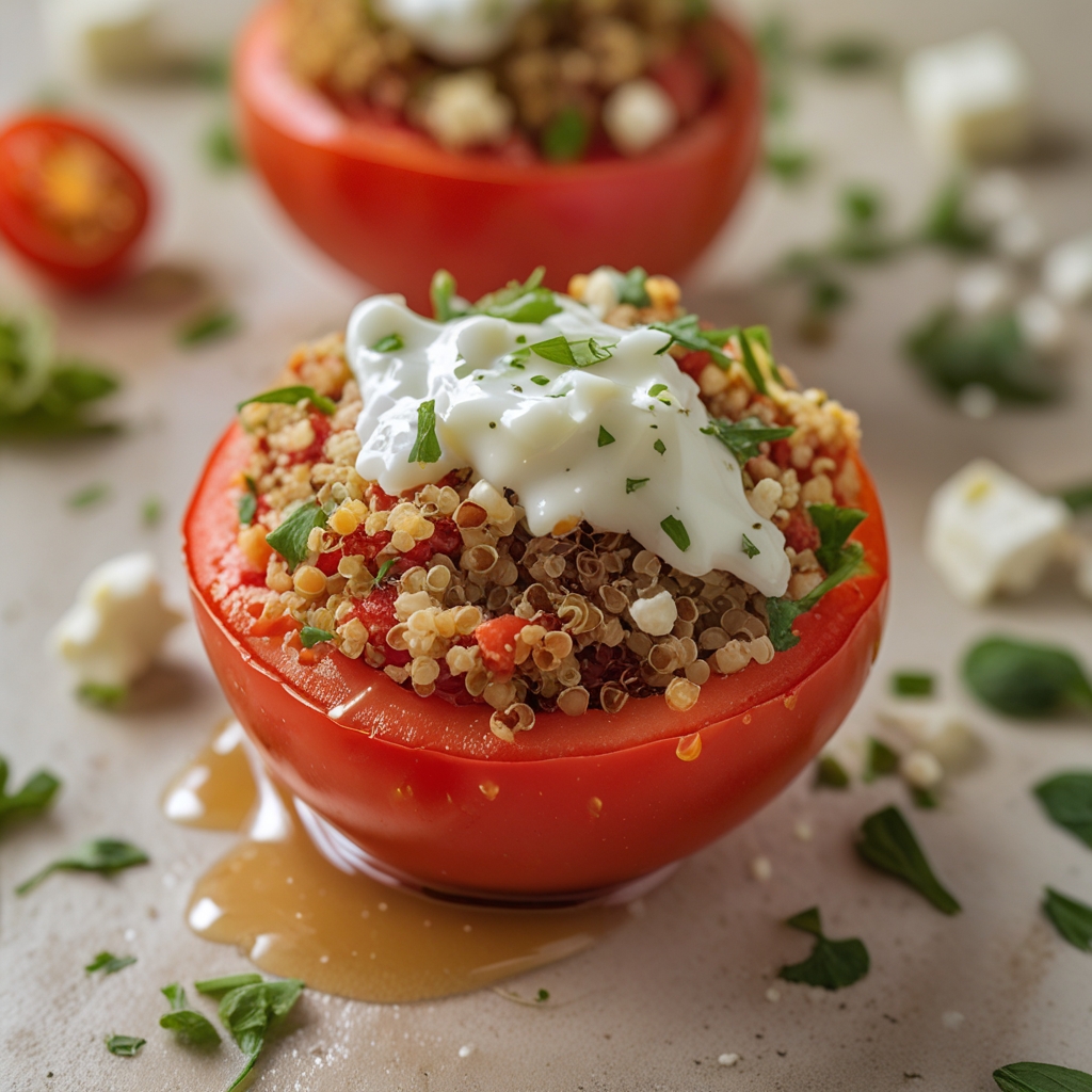 Final Moroccan-Spiced Turkey & Quinoa Stuffed Tomatoes with Mint Yogurt Drizzle