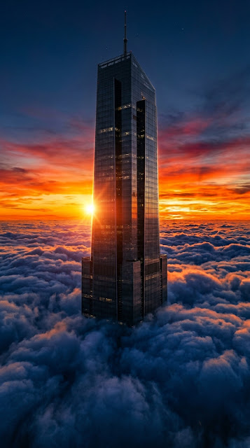 Modern Skyscrapers Piercing Through a Sea of Clouds at Sunset - Free mobile Wallpaper