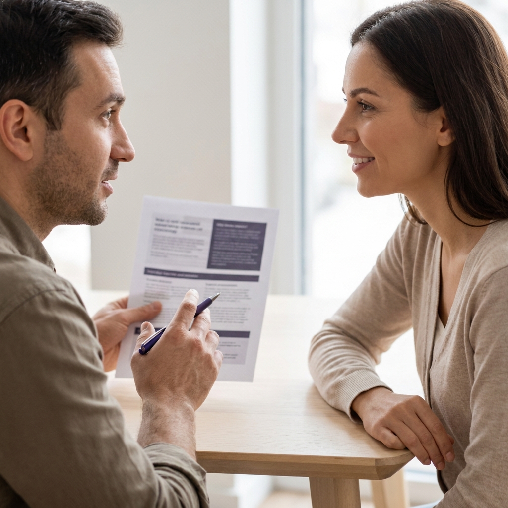 Clinician and patient reviewing a printed guideline during a treatment planning consultation for sermorelin therapy minimalist white background subtle 7173eb accent