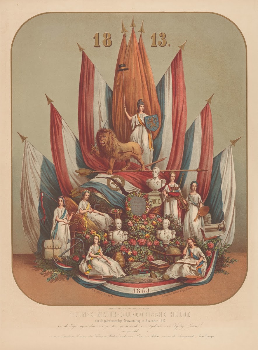 Tooneelmatig allegorische hulde aan de gedenkwaardige Omwenteling in November 18