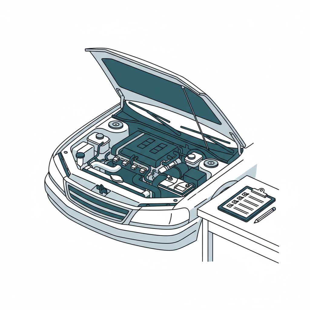 Minimal 2D vector of an open car engine bay with clipboard checklist focusing on wiring and cooling components in CarFax Deals style bmw for sale near me
