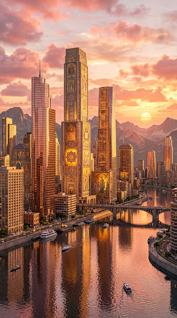 Byzantine and Modern Fusion Cityscape at Sunset with Golden River - Free mobile Wallpaper