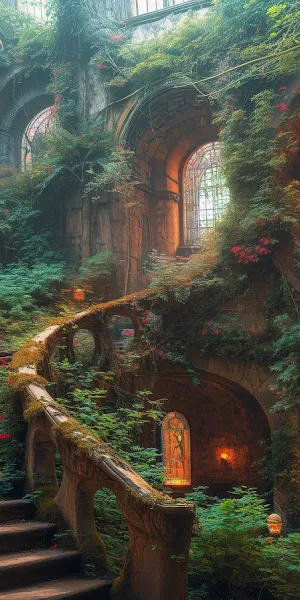 Ai Art, Illustration, Greenery, Plants, Stairs 5K Wallpaper Background