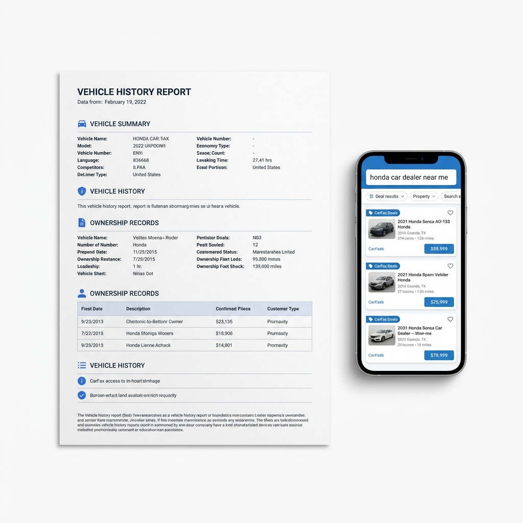Close up of vehicle history report and smartphone showing car listings with the text honda car dealer near me in a clean CarFax Deals minimal style