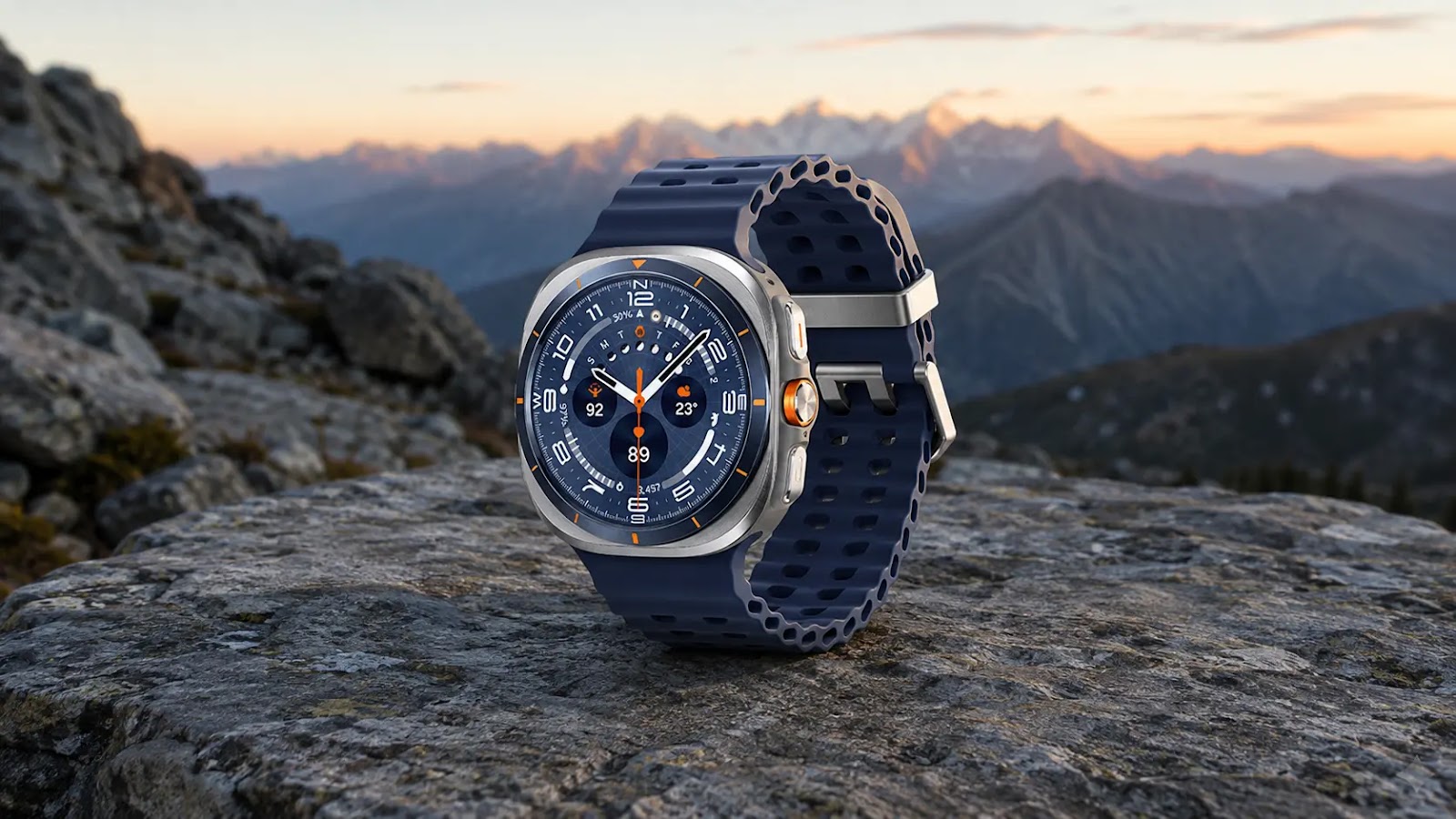 Samsung Galaxy Watch Ultra centrato su una roccia in un ambiente alpino dedicato a GPS e trail running