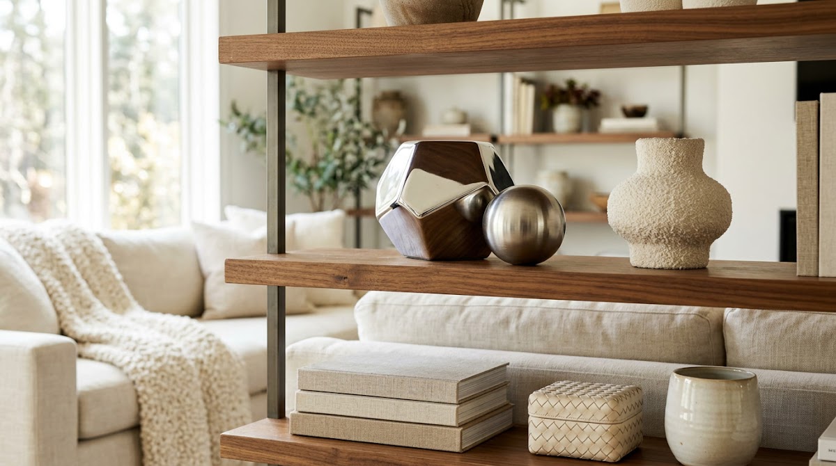 How to Style Chrome Decorative Objects on Open Wood Shelves - chrome detail beside warm wood grain and textured fabric