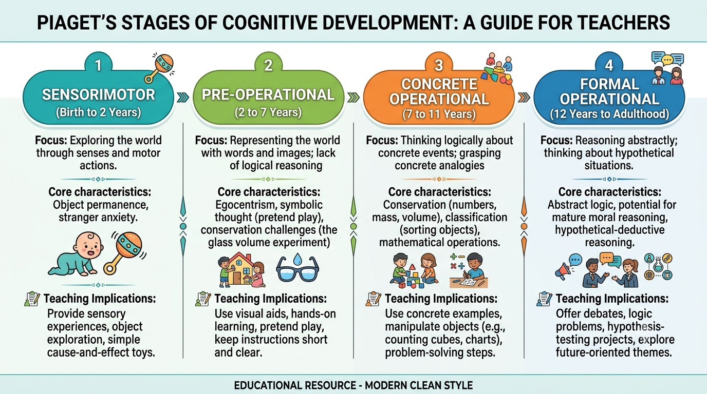 Diagram of Jean Piaget's four stages of cognitive development for educational psychology
