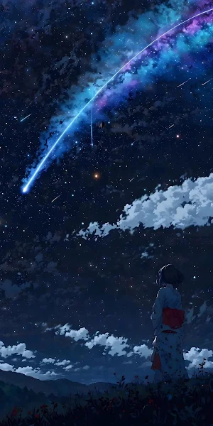 Anime, Night Sky, Comet, Stars iPhone Wallpaper Background