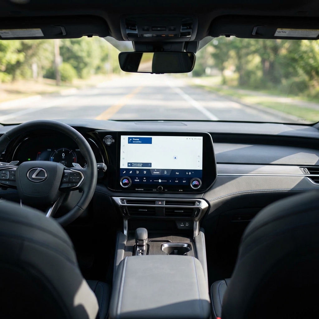 Interior dashboard view of a Lexus RX350 showing infotainment screen and steering controls during a test drive for lexus rx 350 price research