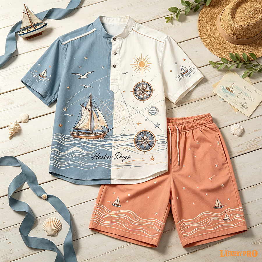AOP Stand‑Collared Button Polo + All‑Over Print Beach Shorts‑Bird's Eye Fabric