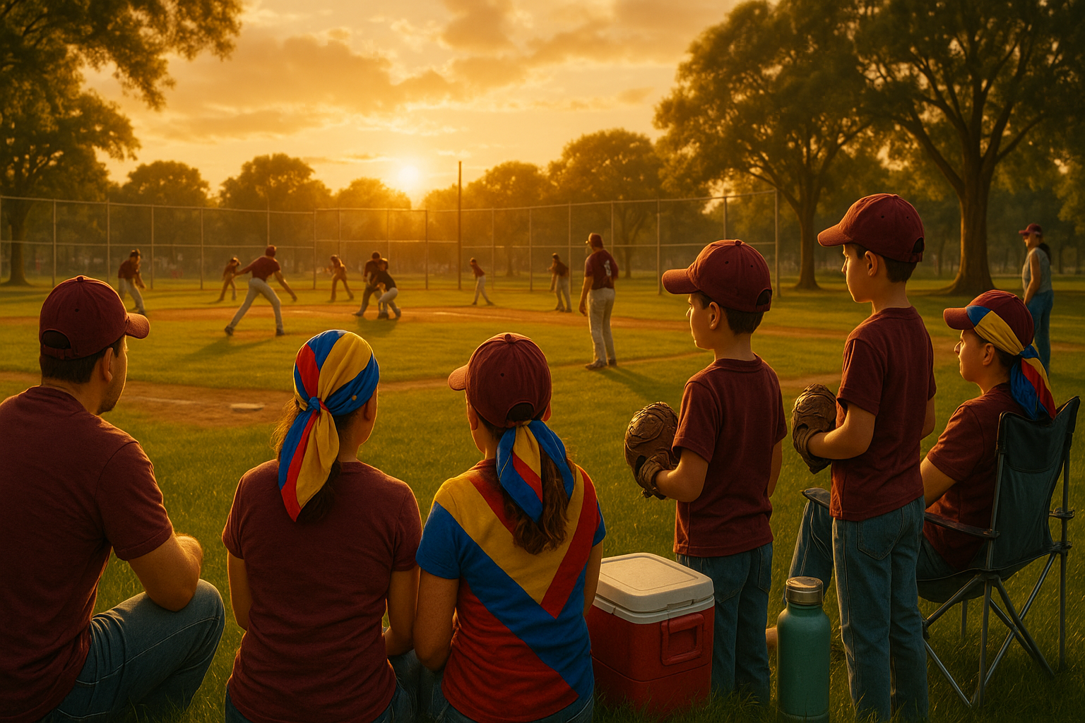 Venezolanos jugando béisbol comunitario en un parque al atardecer