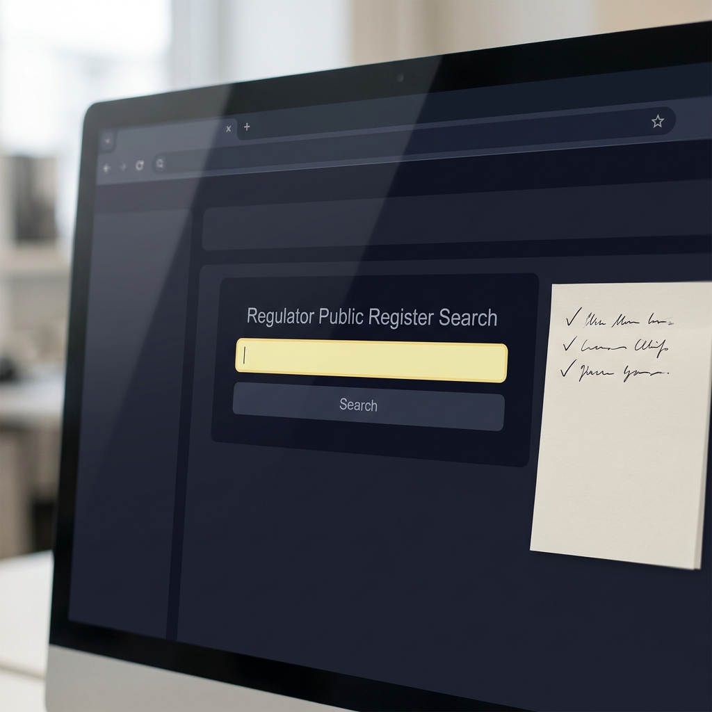 Close up of browser showing regulator public register search box and a notepad checklist for verification steps in a minimal Funded Plays style 1bettor sportsbook