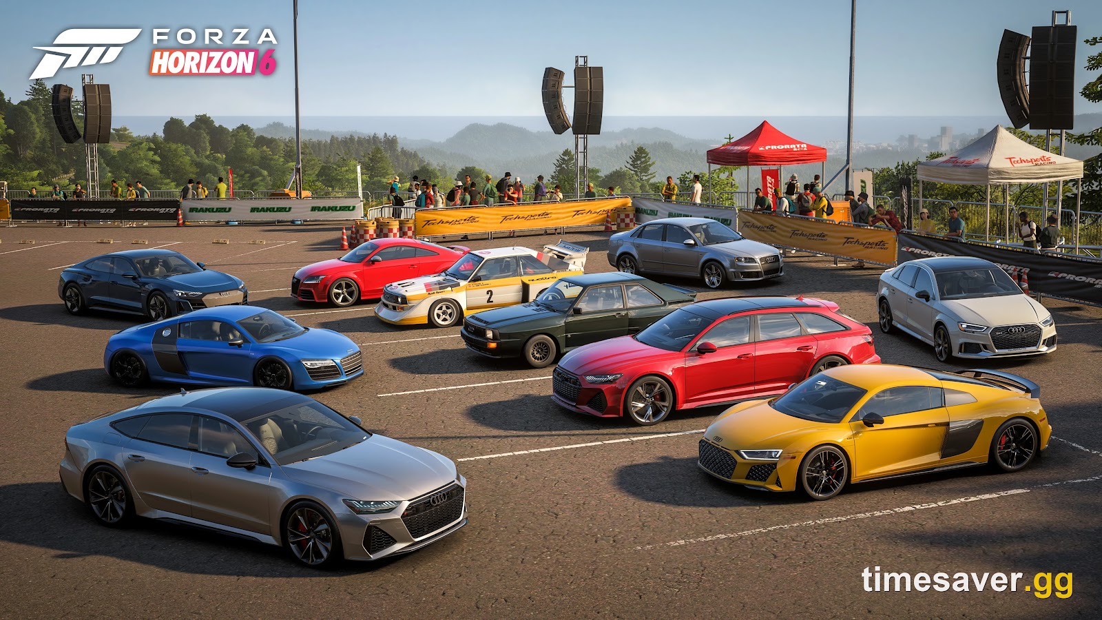 A lineup of all-wheel-drive Audi cars — RS7, R8, Sport quattro and RS6 — at a Forza Horizon 6 festival