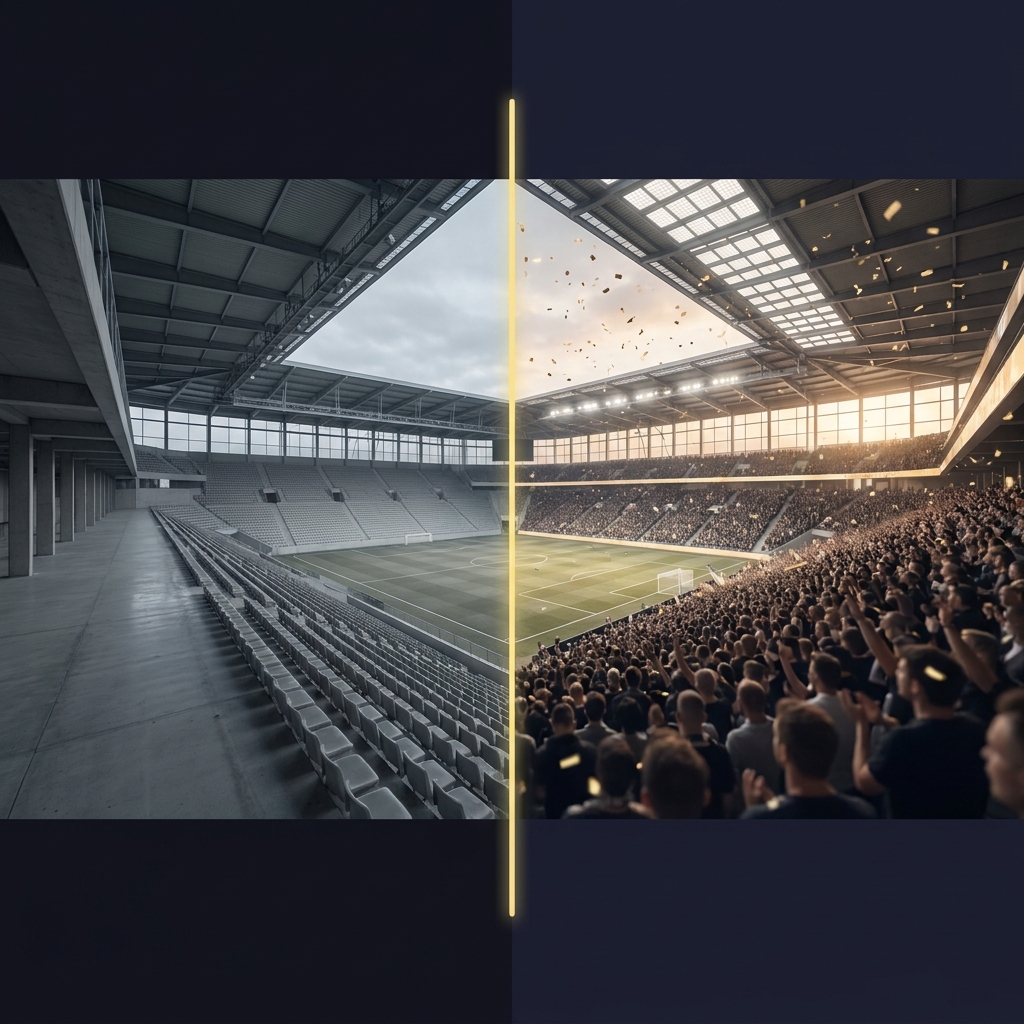 Full frame side by side photo of an empty COVID era stadium and a packed modern stadium illustrating crowd effects and How Home-Field Advantage Has Changed in the NFL