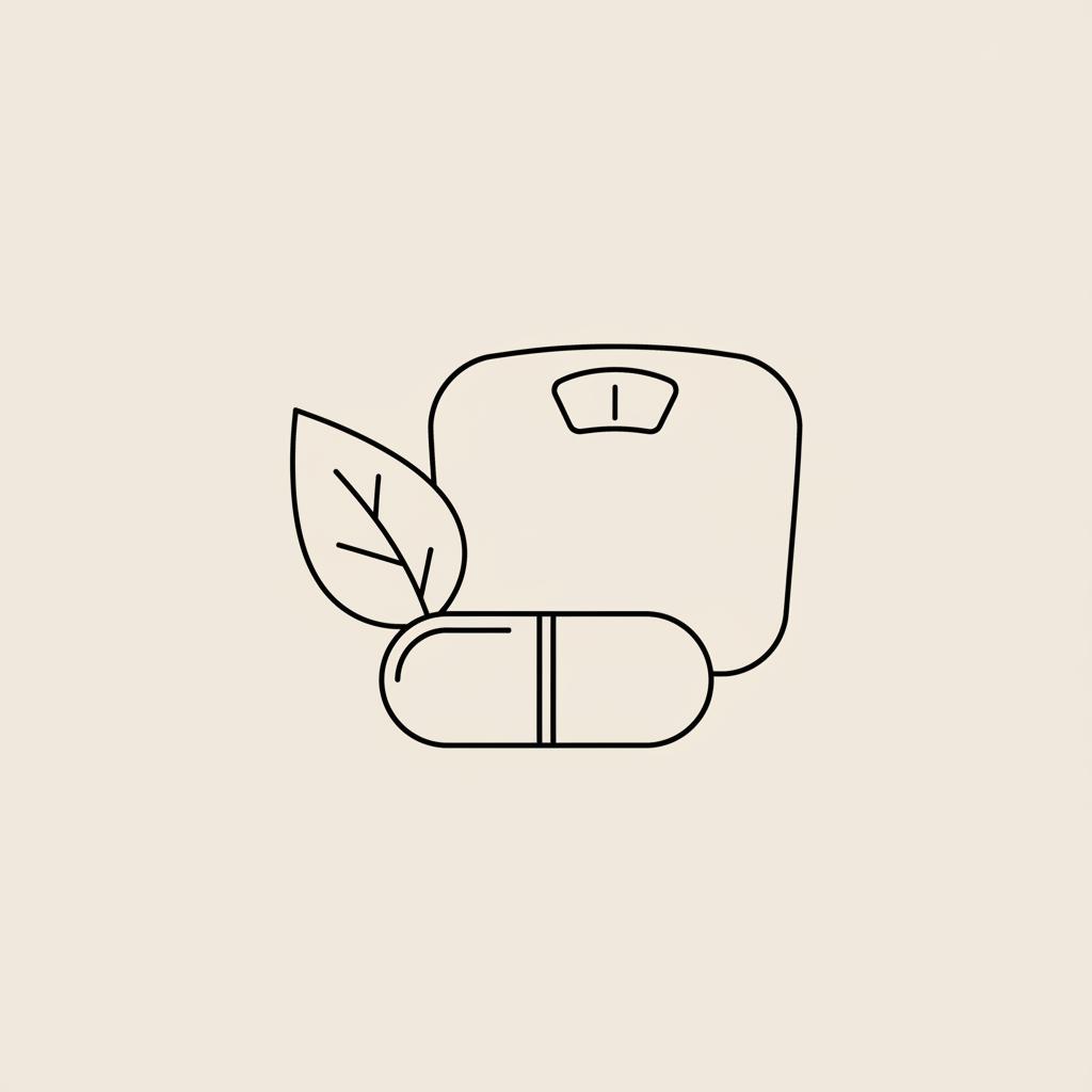 Minimalist Tonum-style 2D vector line illustration of a capsule, botanical leaf and simplified scale on beige background showing how quickly does berberine work for weight loss