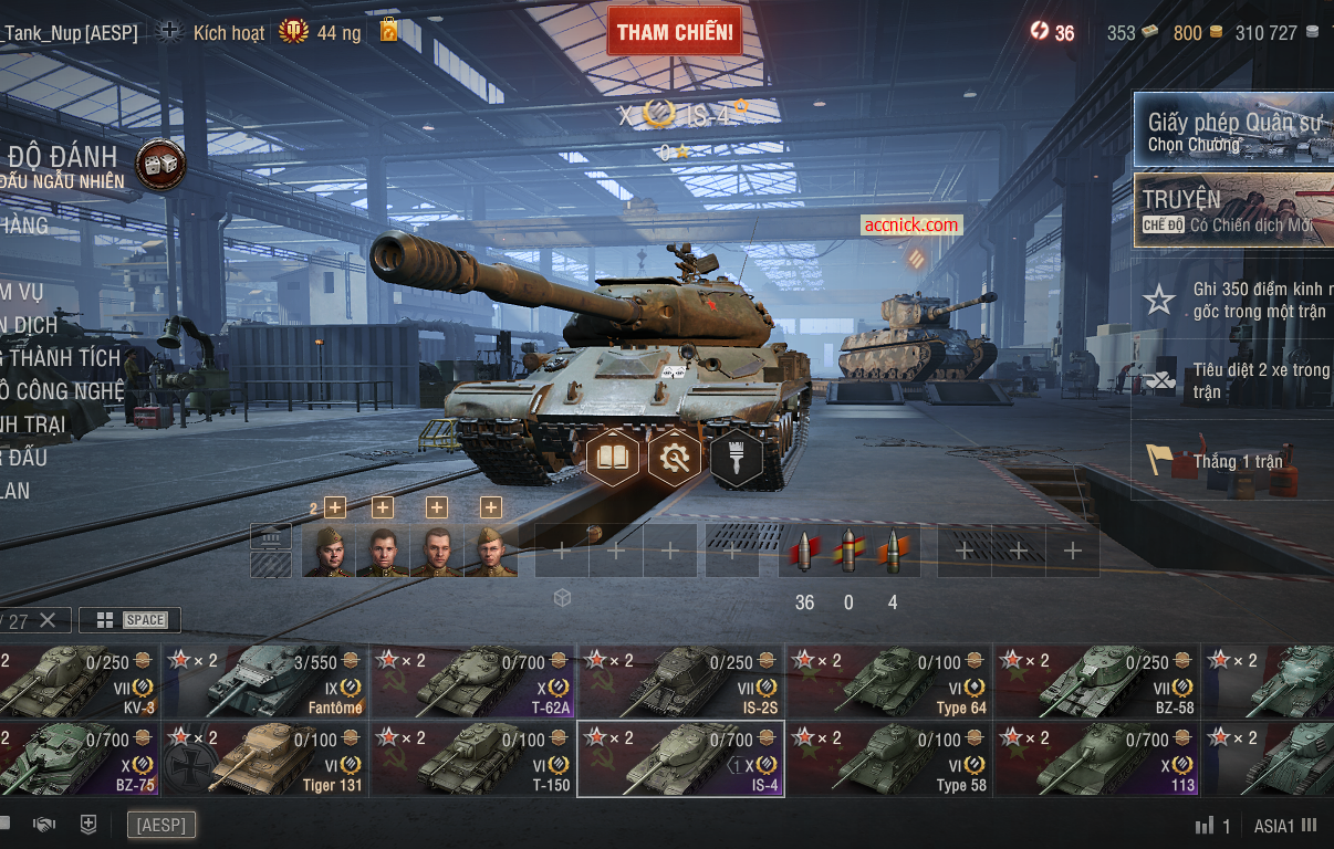 Acc World of Tanks PC gồm 6 tank X BZ-75, 113, IS-4, T-62A,...