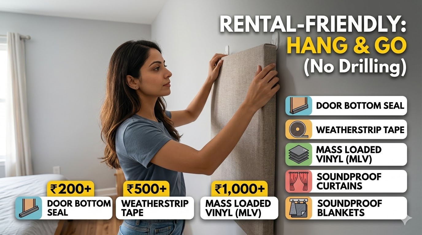 A young woman in a Delhi apartment is installing a fabric-wrapped acoustic felt panel onto a wall shared with a neighbor. Uses damage-free sticky hooks with text 'HANG & GO (No Drilling)'.