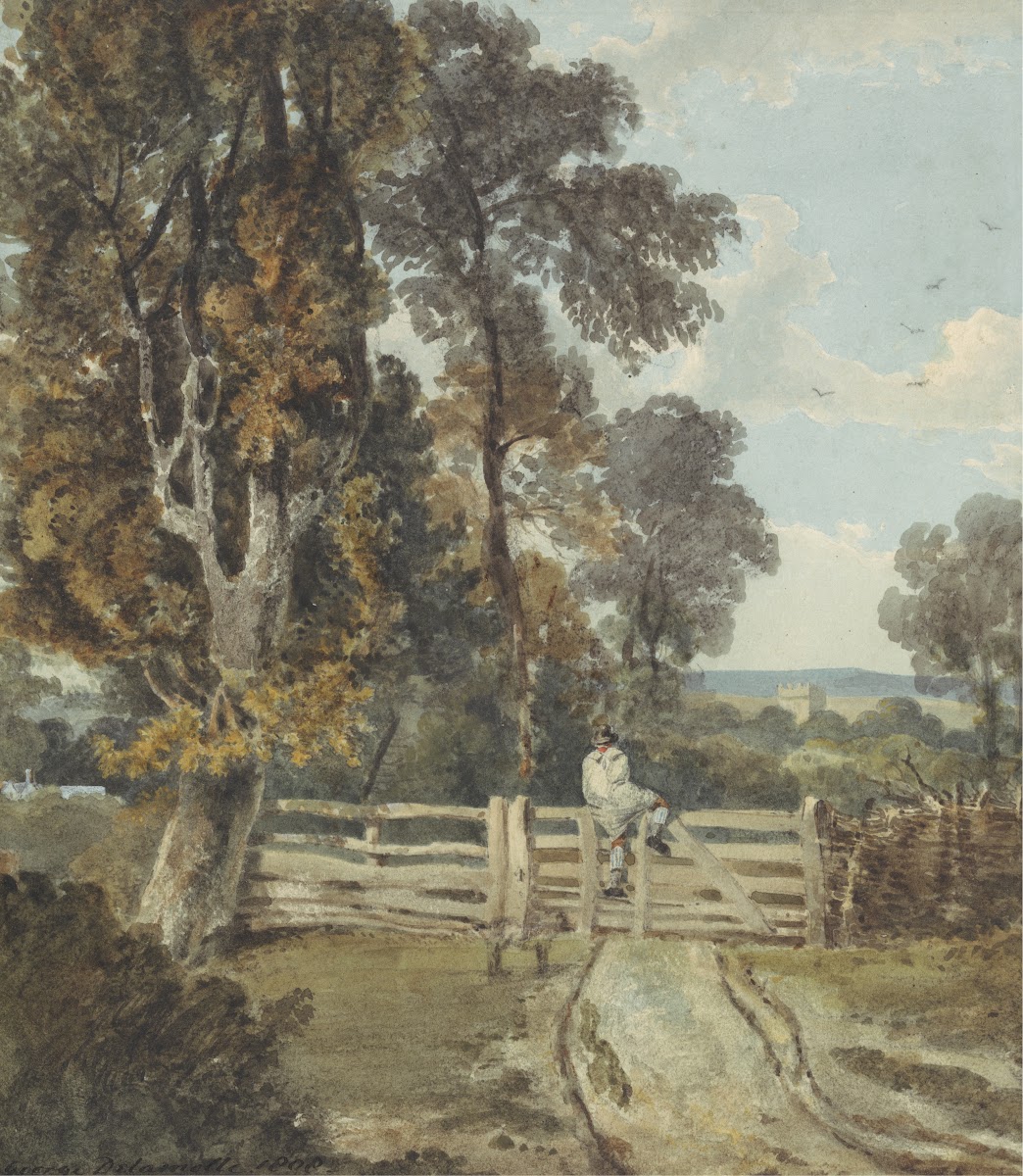 A Country Lane with a Farm Labourer Climbing a Five bar Gate 1808