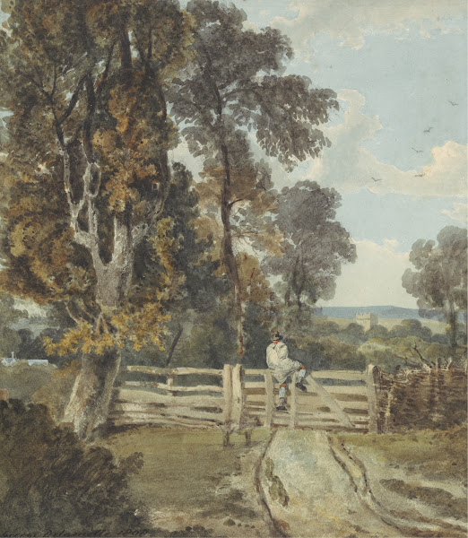 A Country Lane with a Farm Labourer Climbing a Five bar Gate 1808