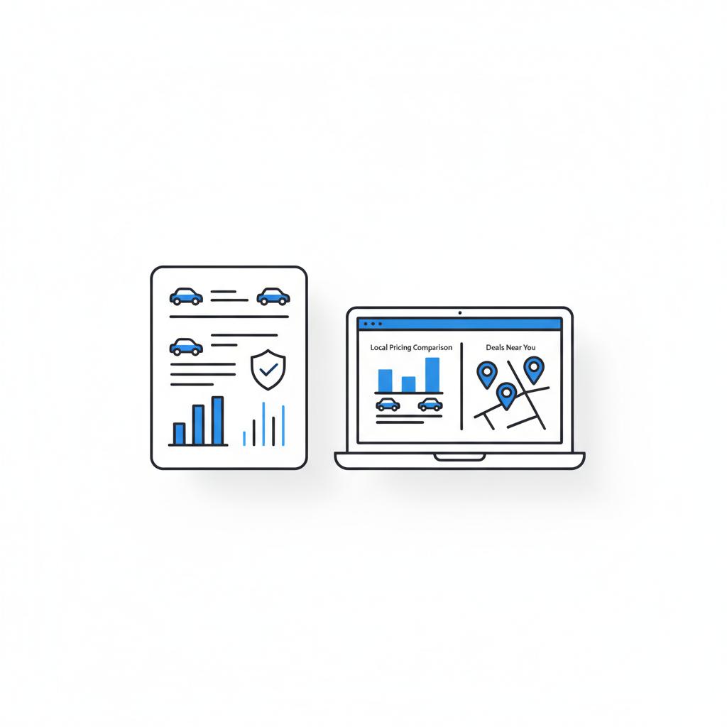 Minimalist 2D vector flat lay of a vehicle history report next to a laptop showing local pricing charts and map pins indicating subaru crosstrek for sale with white and blue CarFax Deals style