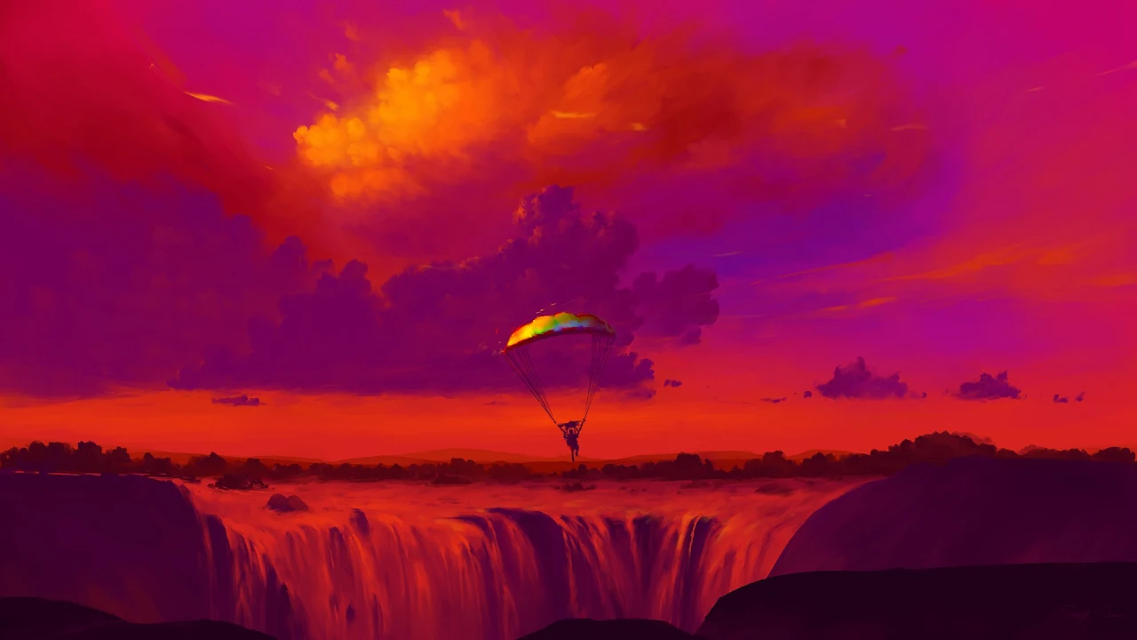 Bisbiswas, Digital Art, Parachutes, Waterfall, Nature Full HD Desktop Wallpaper