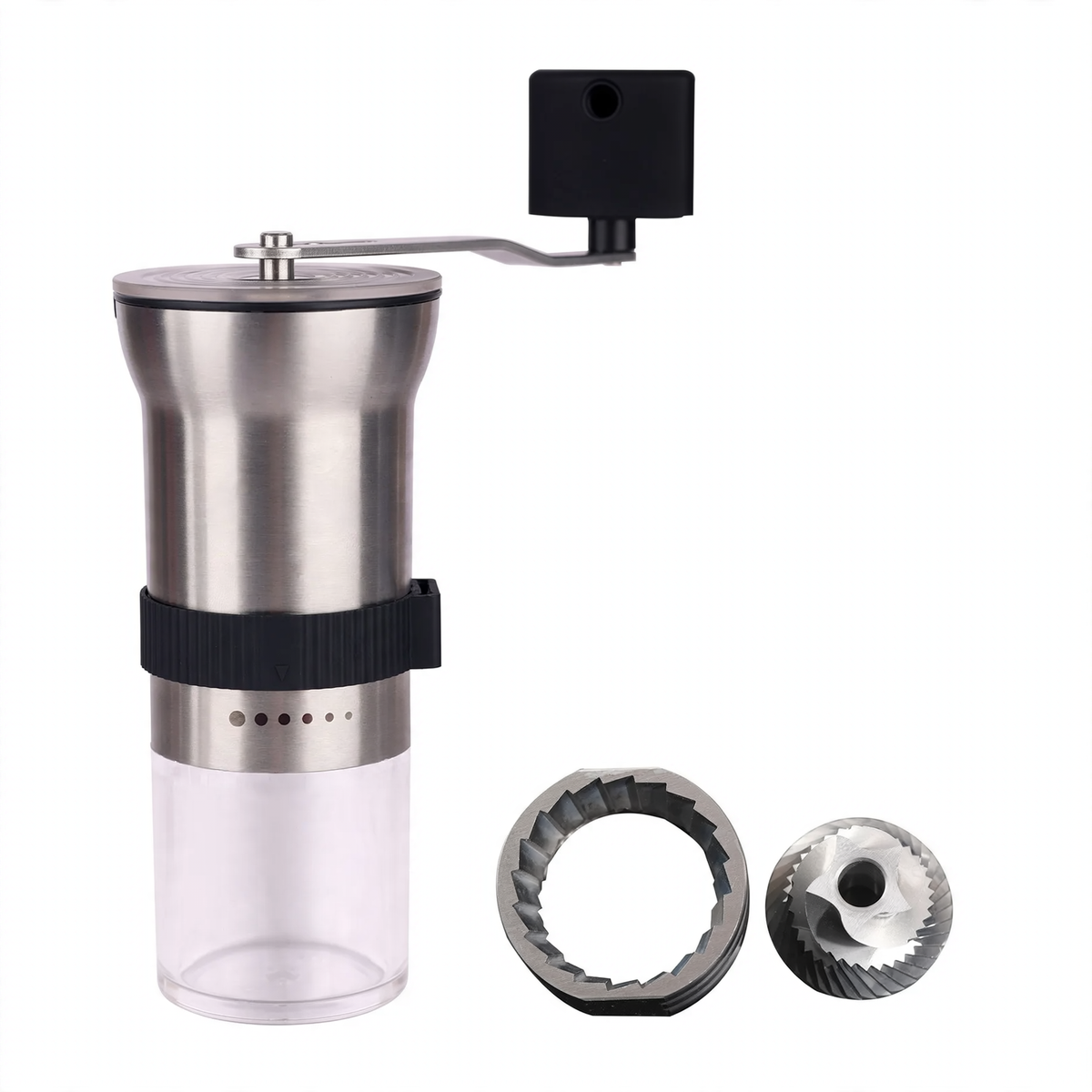 Hand-crank coffee grinder with ceramic or steel grinding mechanism