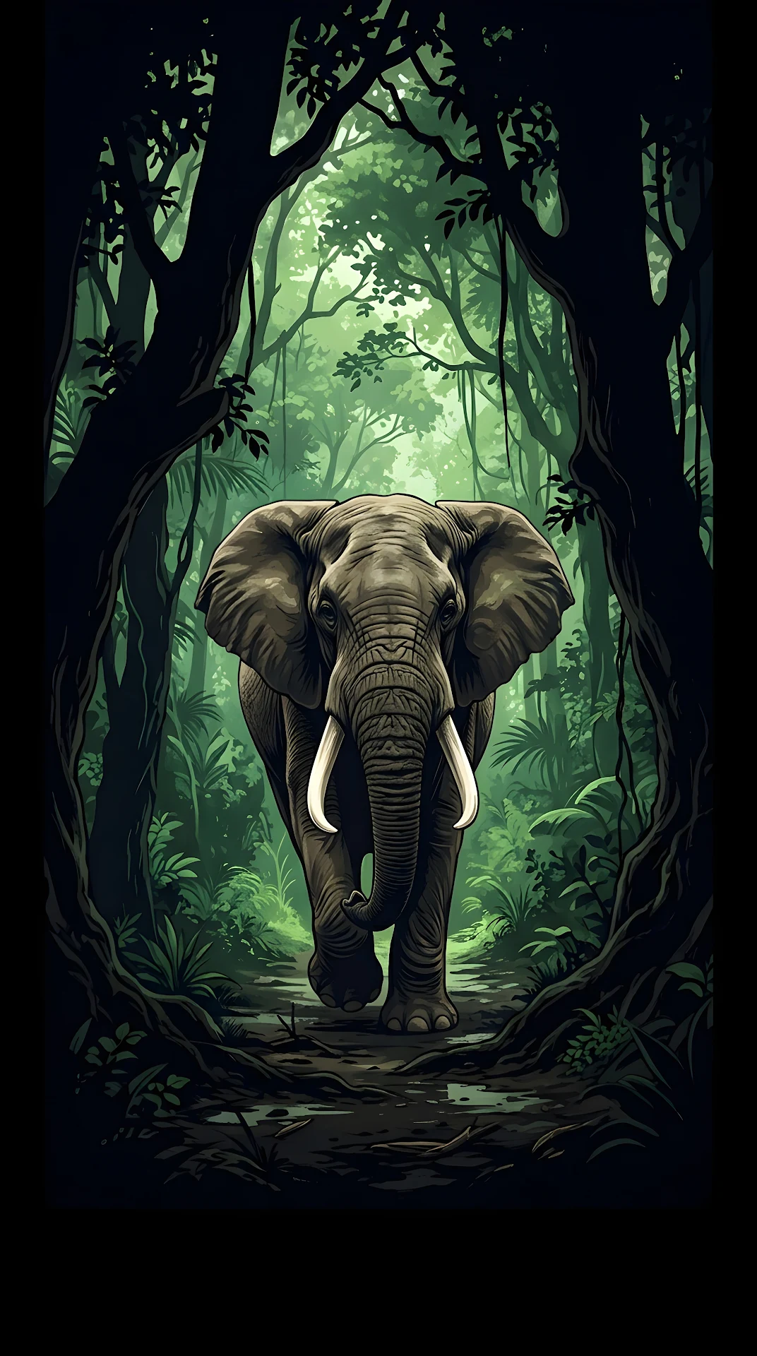 African Elephant Silhouette Forest Walk Graphic Art - Free 4K mobile Wallpaper