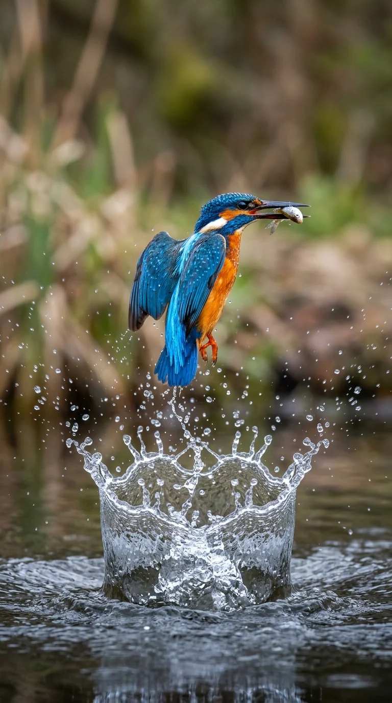 High-Speed Action Shot of Kingfisher Emerging from Water with Circular Splash - Free 4K mobile Wallpaper