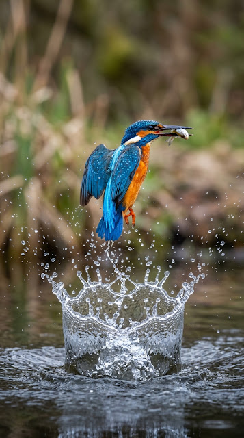 High-Speed Action Shot of Kingfisher Emerging from Water with Circular Splash - Free mobile Wallpaper