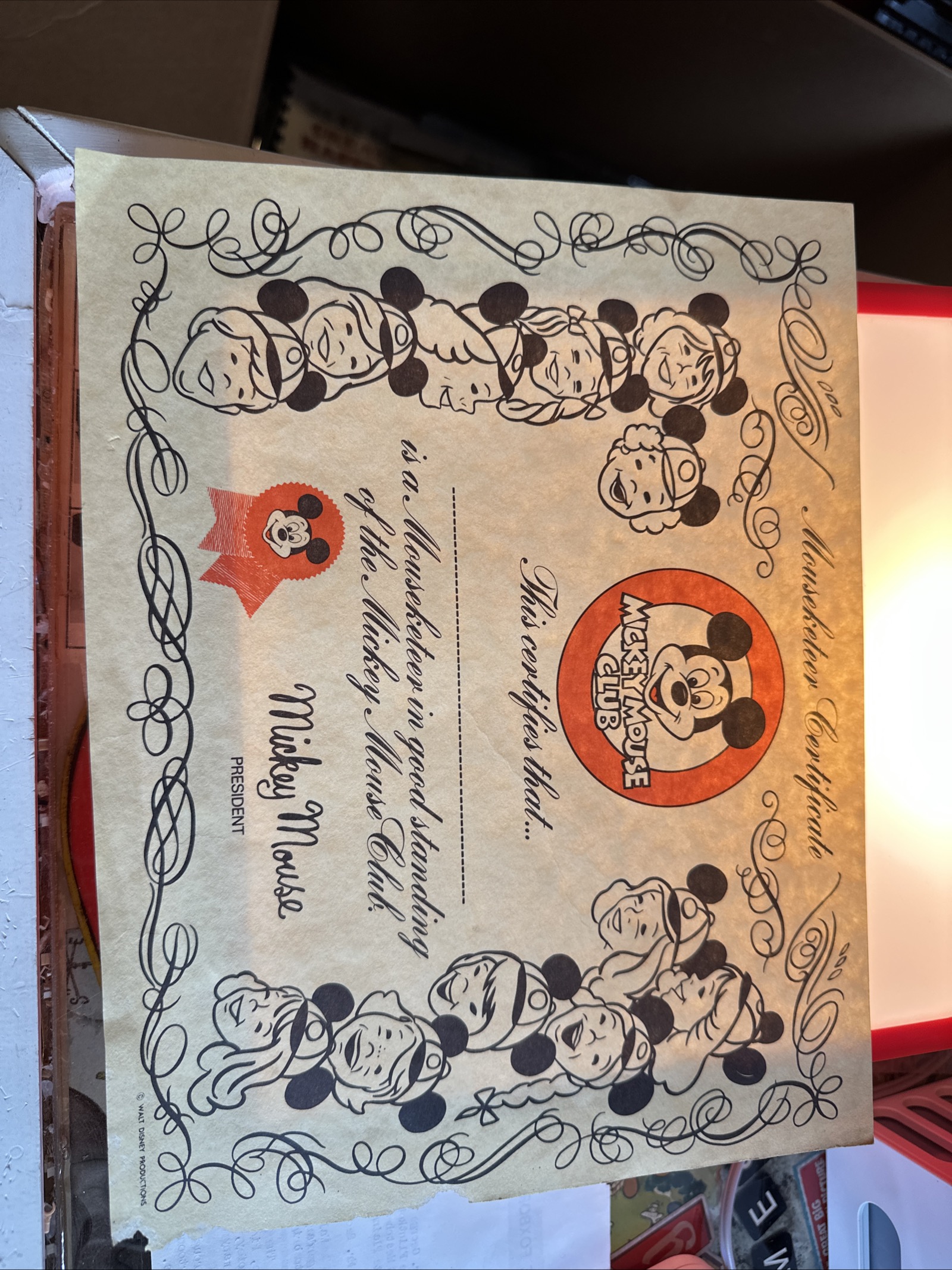 Vintage unissued Mickey Mouse Club Mouseketeer membership certificate with red ribbon seal, circa 1955–1959, showing minor age toning and fold creases