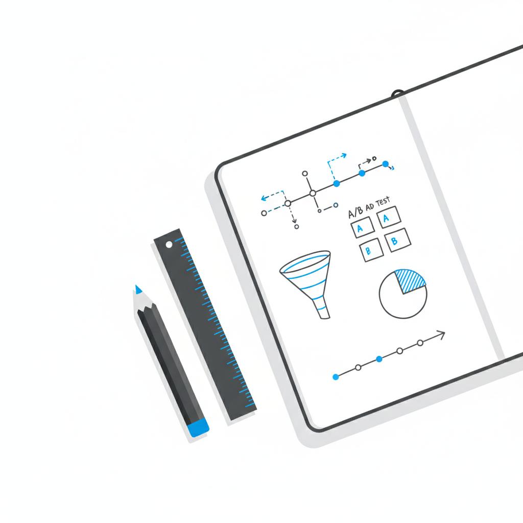 PPC expert flat-lay vector: open notebook with customer journey sketches, ad test grid, pencil and ruler on white background with Agency Visible blue accents