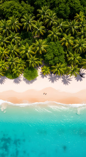 Vibrant Aerial View of Palm Trees Over a White Sand Beach and Turquoise Water - Free mobile Wallpaper