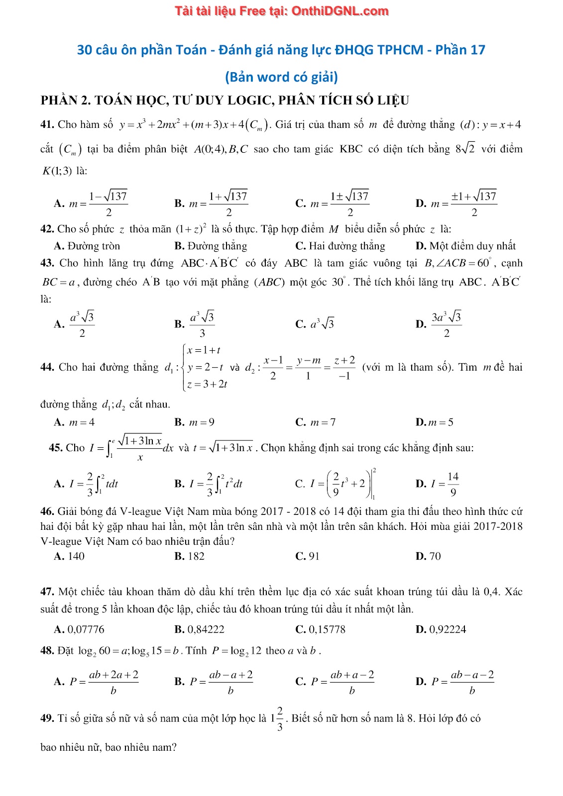 900 bài tập môn Toán - Ôn thi ĐGNL ĐHQG TP HCM Phần 17