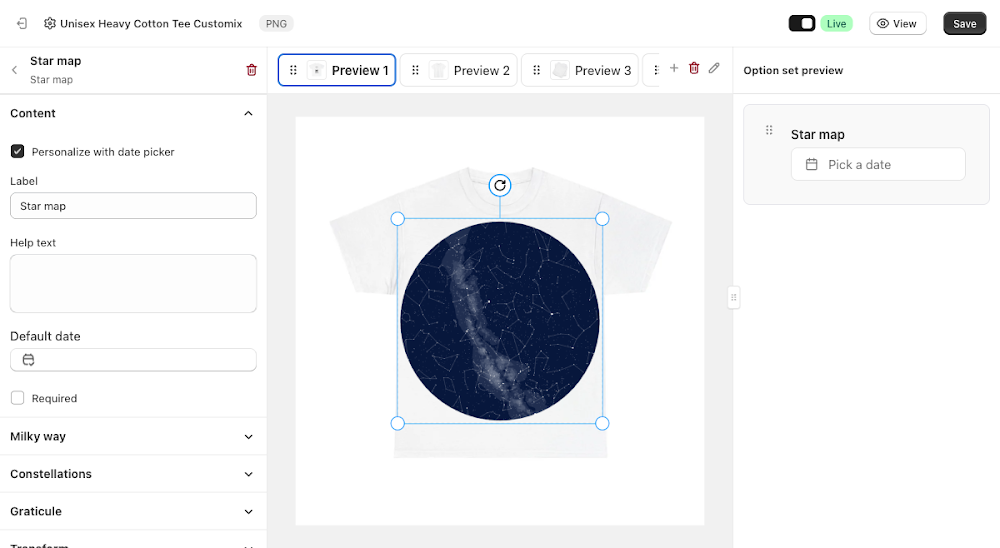 Content panel with Personalize with date picker checked, showing Label, Help text, Default date, and Required fields