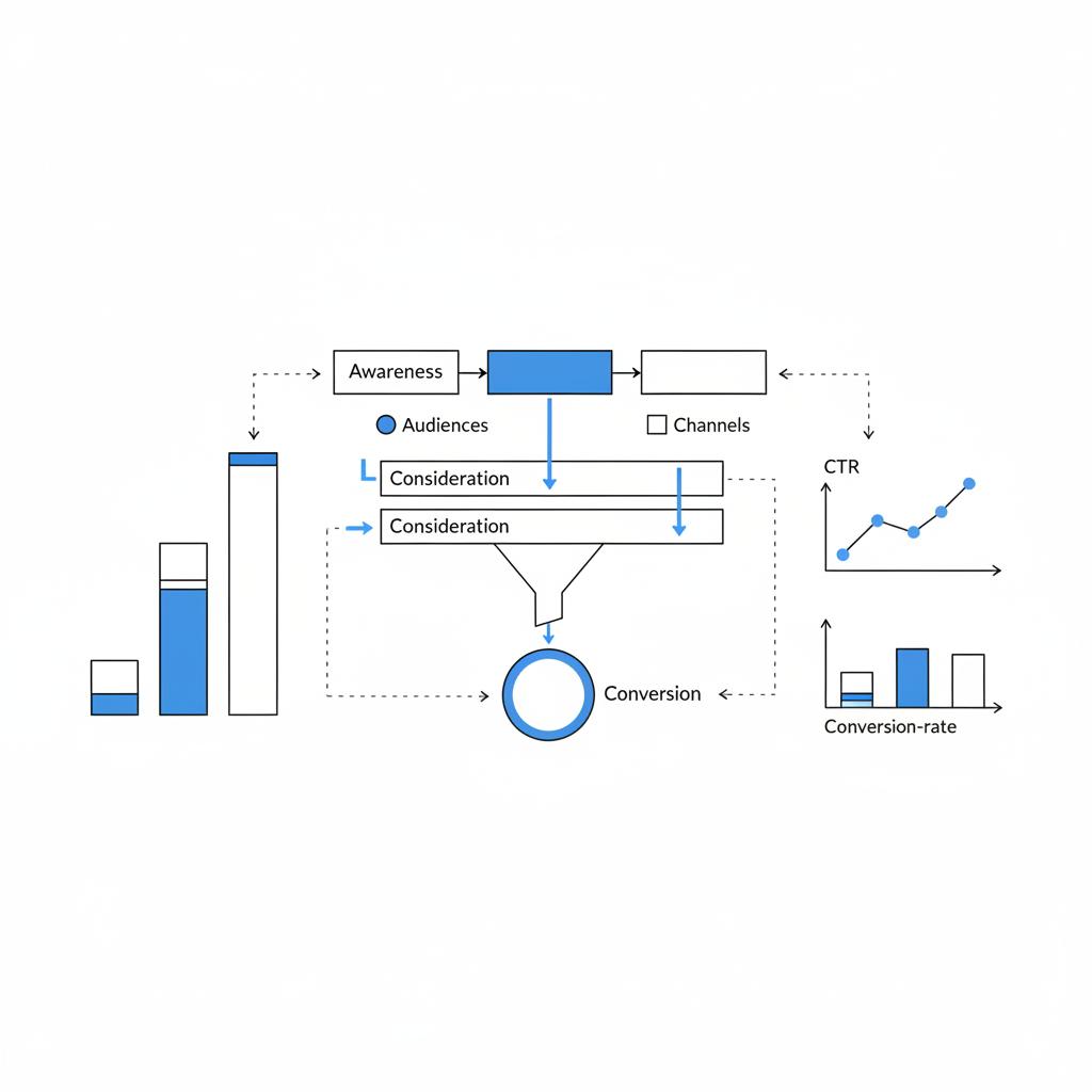 Minimalist 2D vector notebook-style sketch of campaign architecture with budget bars, learning-phase arrows, CTR and conversion rate charts illustrating Meta ads effectiveness
