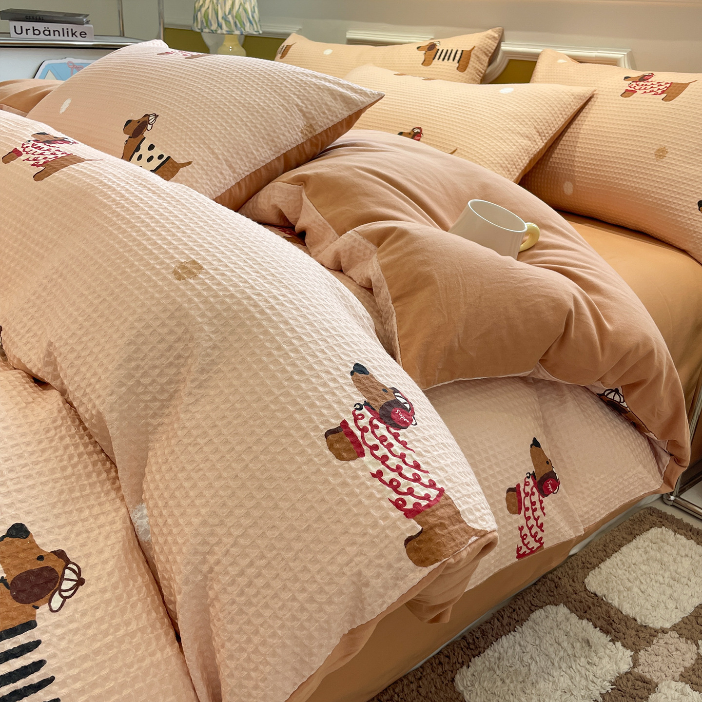 Cotton bedding set, waffle piqué look, printed