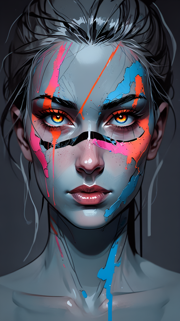Woman with Neon Paint Drips on Monochrome Face