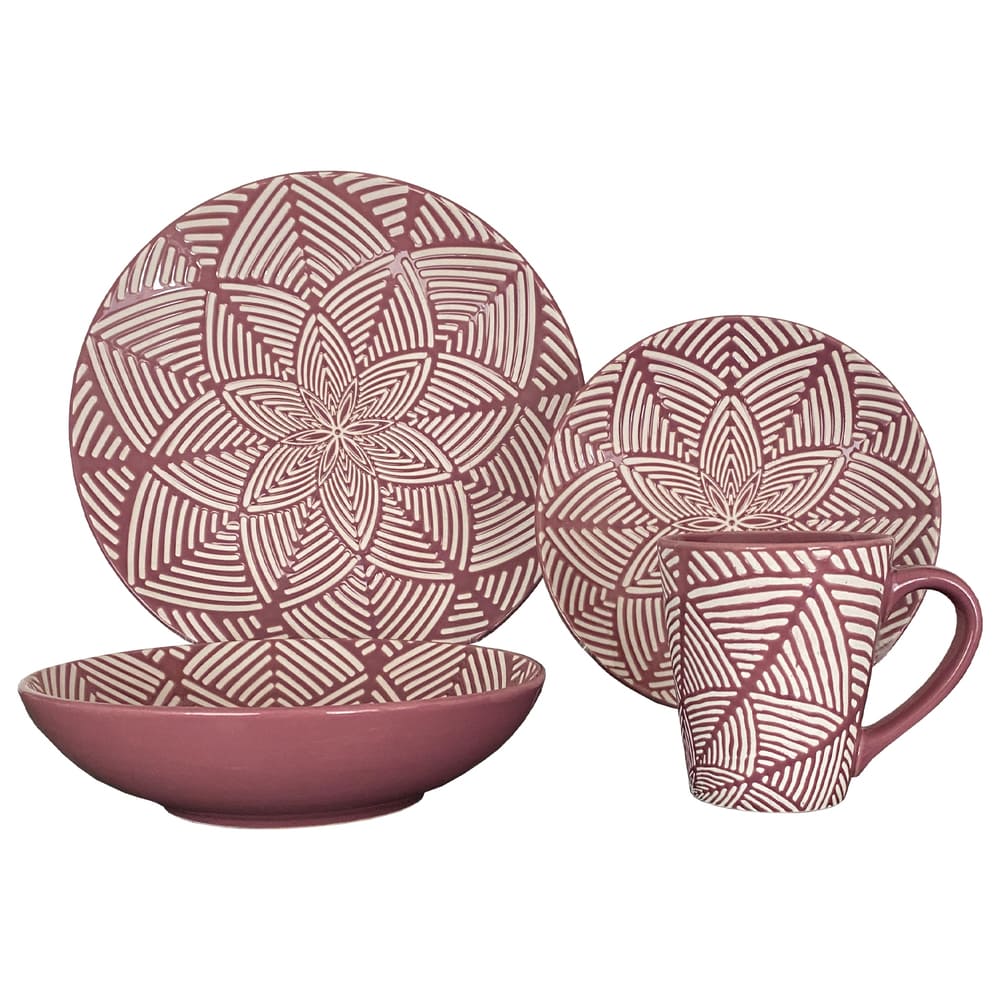 Vajilla de cerámica PK Home™ color vino/blanco, 16 piezas