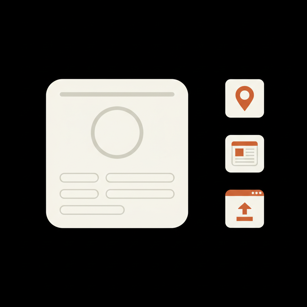 Minimal vector infographic of a profile card, pinned post icon and two external link icons on a black panel — Why can't I get meta verified?