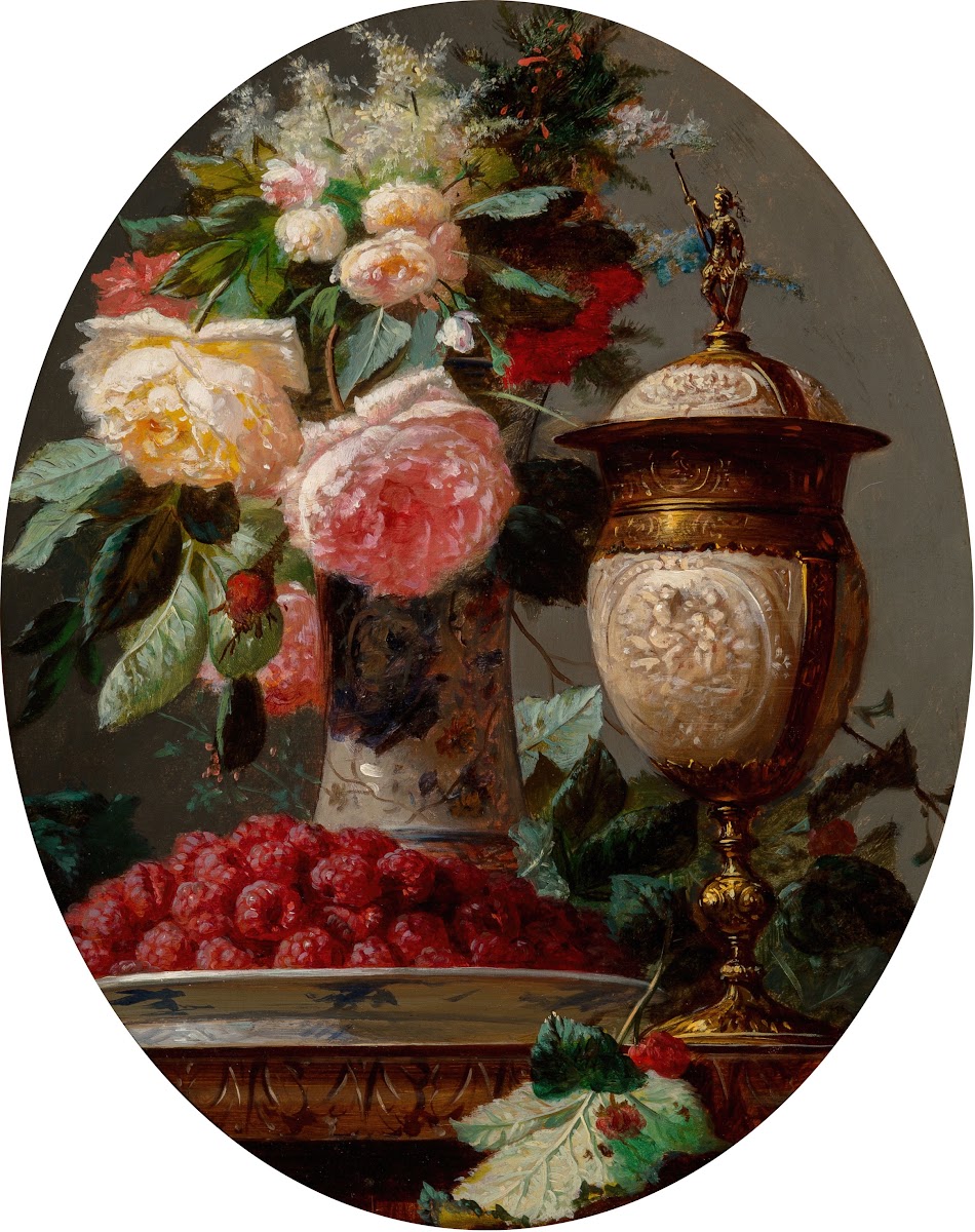 Still life with roses and a bowl of raspberries with a silver gilt ostrich egg c