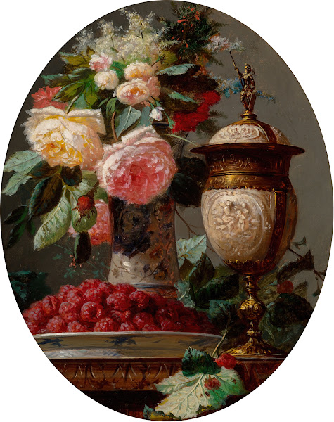 Still life with roses and a bowl of raspberries with a silver gilt ostrich egg c