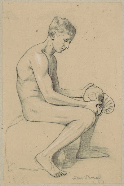Naked young man with a shell sitting on a stone 1880   1900