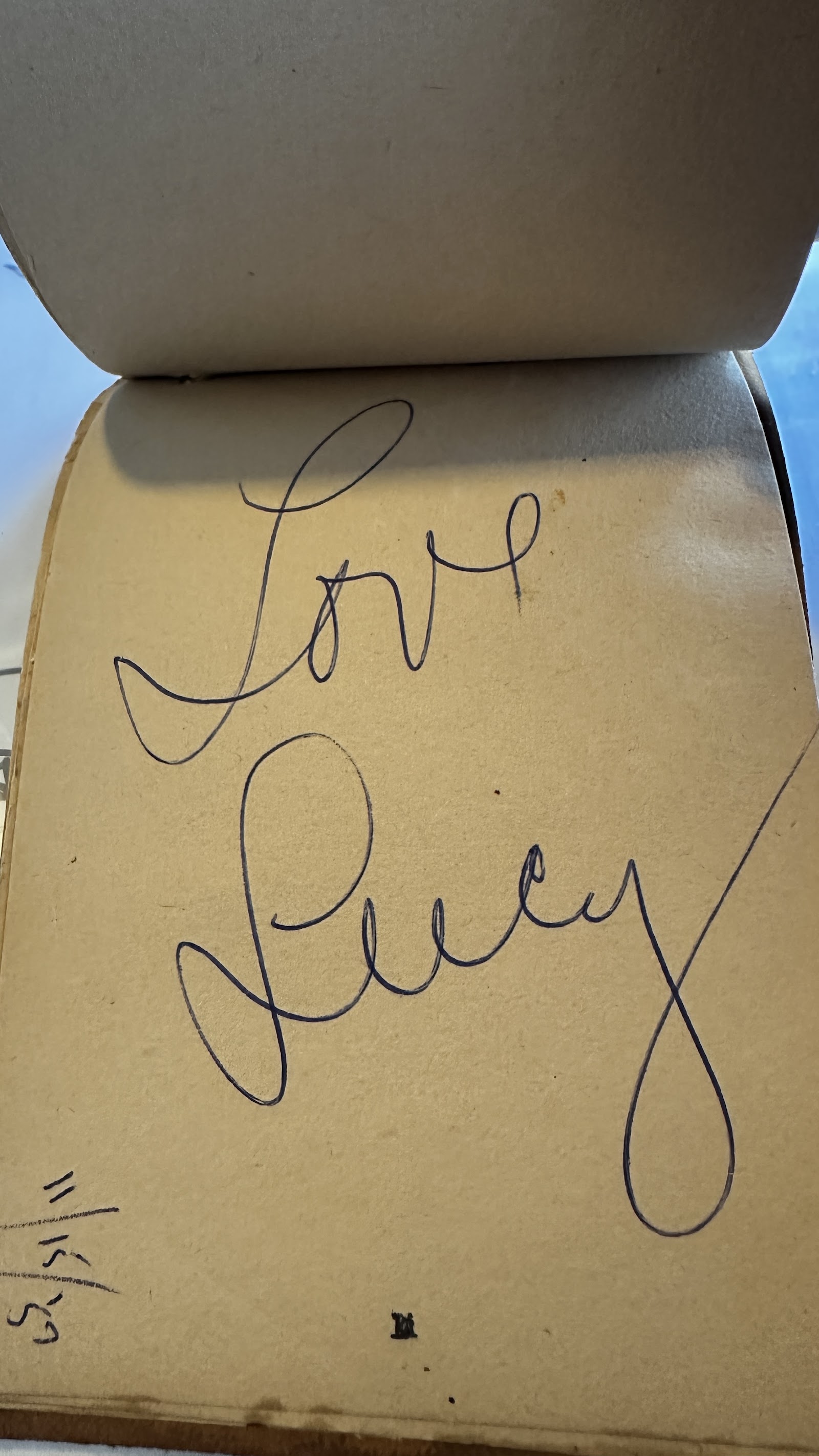 Vintage autograph book page signed "Love Lucy" in flowing cursive ink, dated 11/15/59, with age-toned paper and light foxing