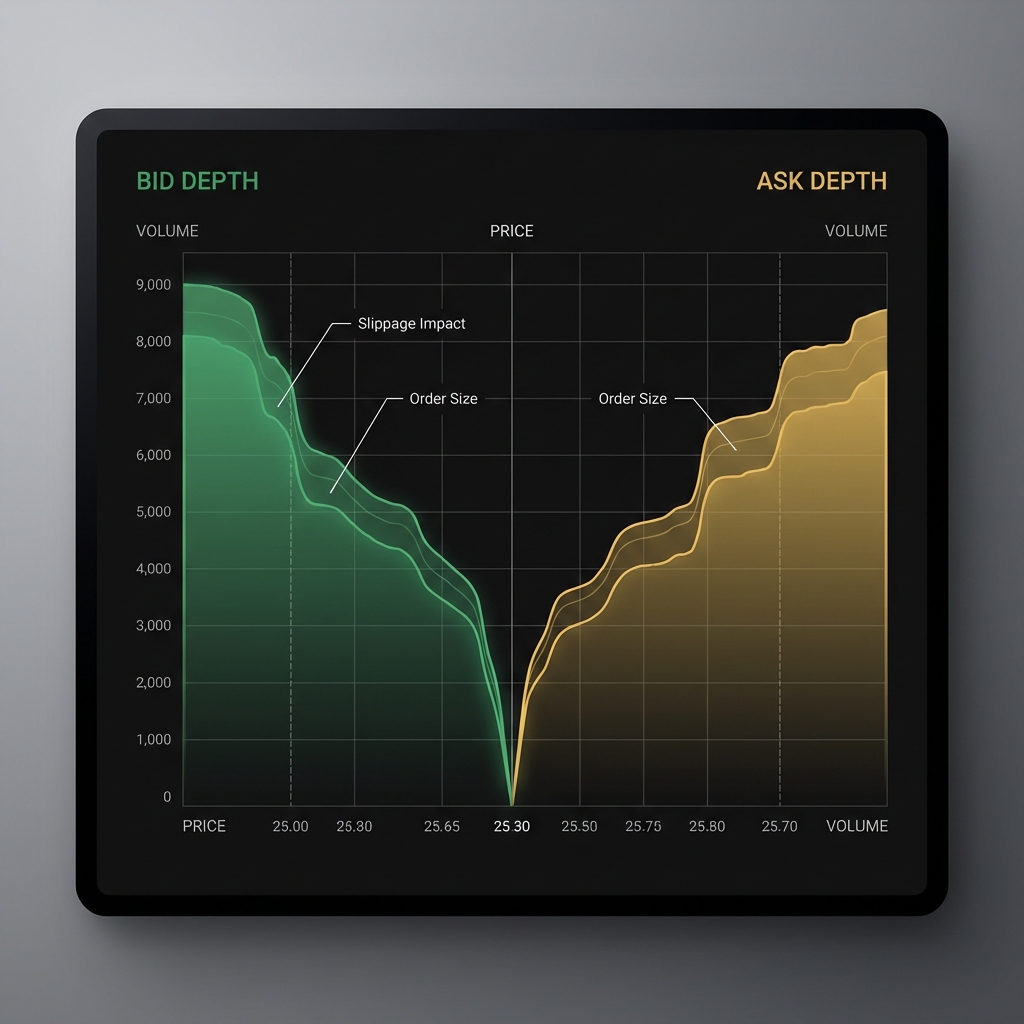 Close up order book depth visualization highlighting bid and ask layers with simple slippage annotations ideal for best crypto to buy today