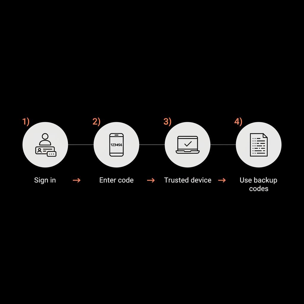 Minimal full-frame infographic illustrating a four-step google account recovery flow: sign-in, verification code on phone, trusted device confirmation, and backup codes on black background.